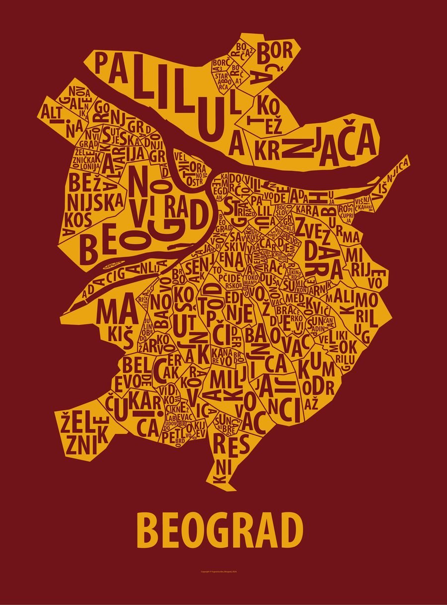Dark Maroon / Golden Yellow colourway of the Belgrade typographic map